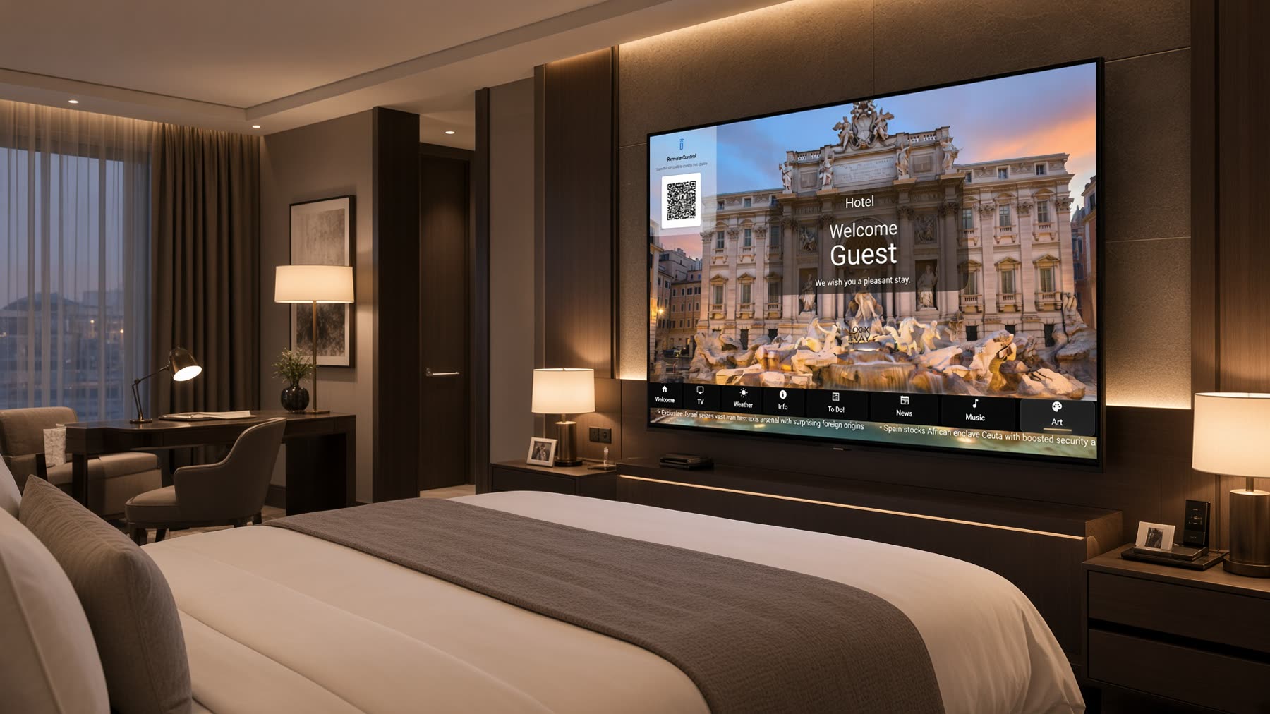 HtlApp on a hotel room television: welcome screen greeting the guest, menu bar and news ticker