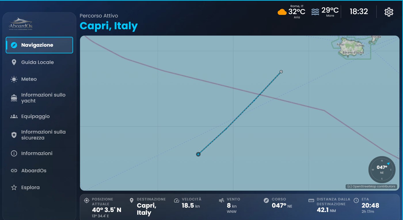 Infotainment screen with the live route, ETA, weather and sea state
