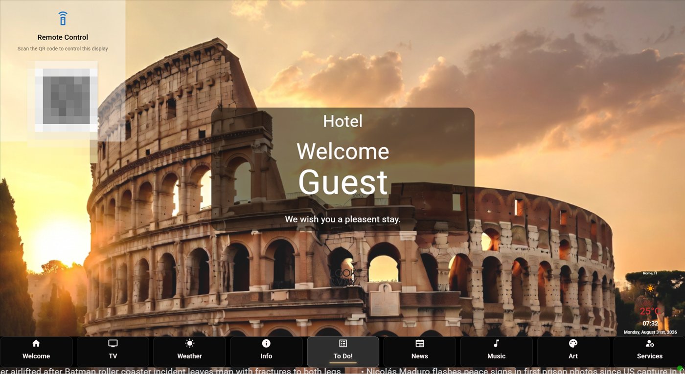 Welcome screen over the Colosseum with the remote-control QR code and live news